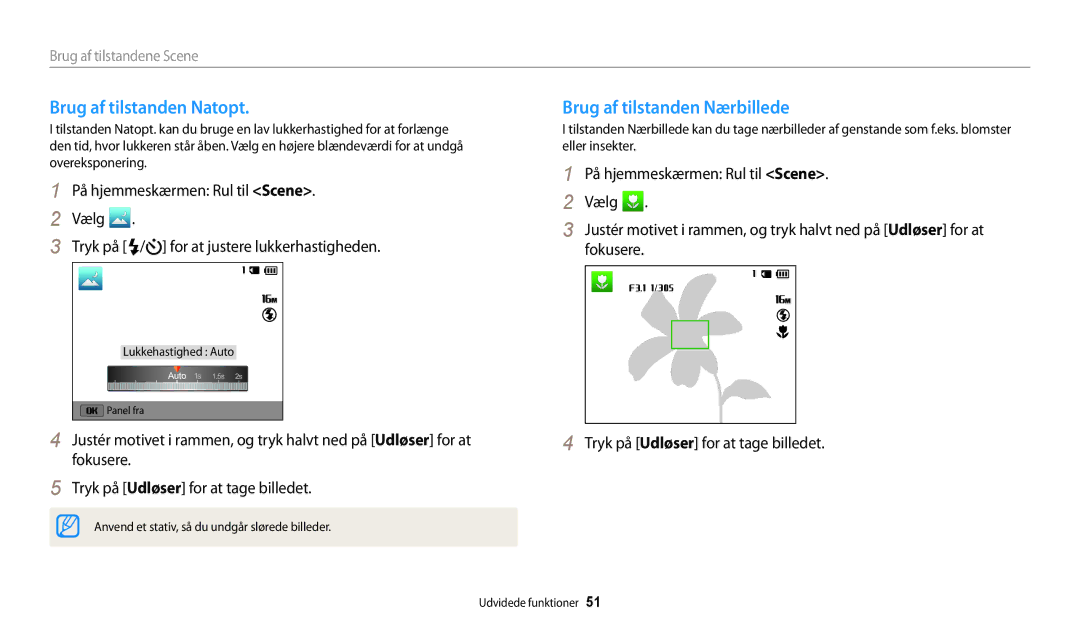 Samsung EC-WB32FZBDBE2, EC-WB30FZBPLE2, EC-WB30FZBPPE2 manual Brug af tilstanden Natopt, Brug af tilstanden Nærbillede 