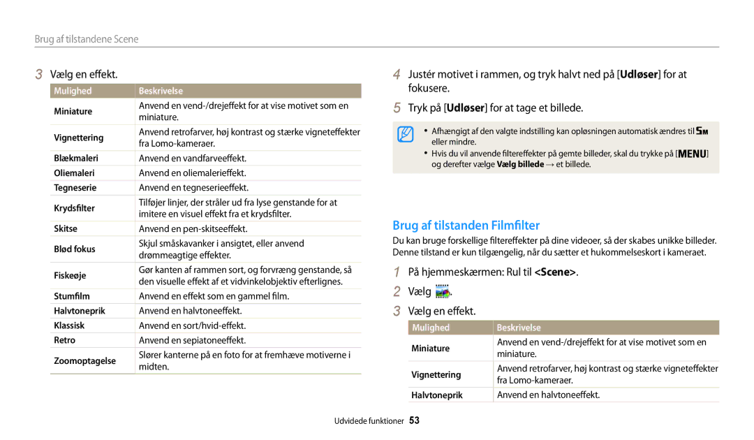 Samsung EC-WB30FZBPLE2 manual Brug af tilstanden Filmfilter, På hjemmeskærmen Rul til Scene Vælg Vælg en effekt 