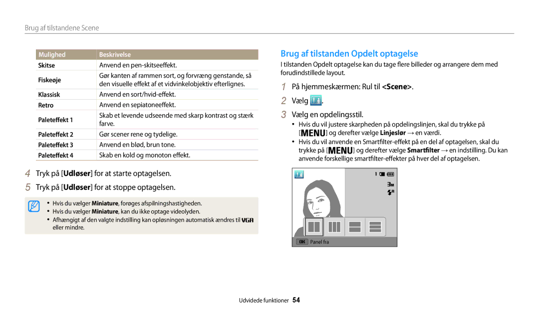 Samsung EC-WB30FZBPPE2 Brug af tilstanden Opdelt optagelse, På hjemmeskærmen Rul til Scene Vælg Vælg en opdelingsstil 