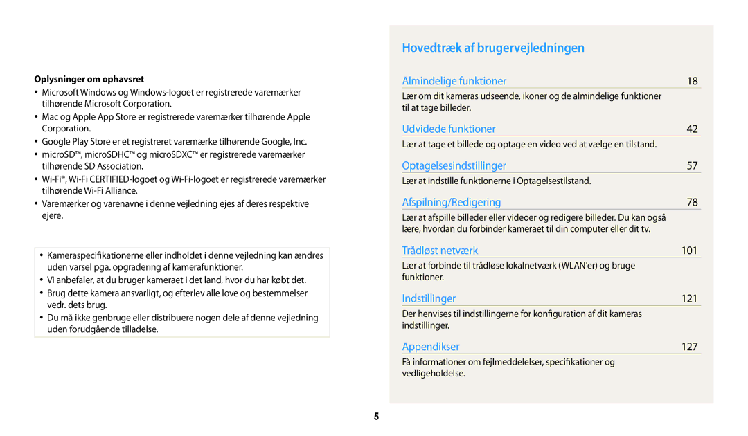 Samsung EC-WB31FZBPLE2, EC-WB30FZBPLE2 manual Hovedtræk af brugervejledningen, 101, 121, 127, Oplysninger om ophavsret 