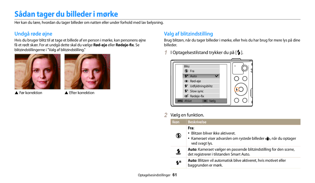 Samsung EC-WB30FZBPWE2 manual Sådan tager du billeder i mørke, Undgå røde øjne, Valg af blitzindstilling, Ikon, Fra 