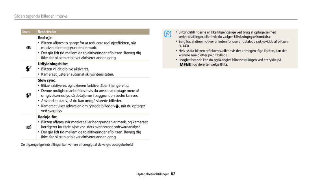 Samsung EC-WB30FZBPLE2, EC-WB30FZBPPE2, EC-WB31FZBPBE2, EC-WB31FZBPWE2 manual Rød-øje, Udfyldningsblitz, Slow sync, Rødøje-fix 