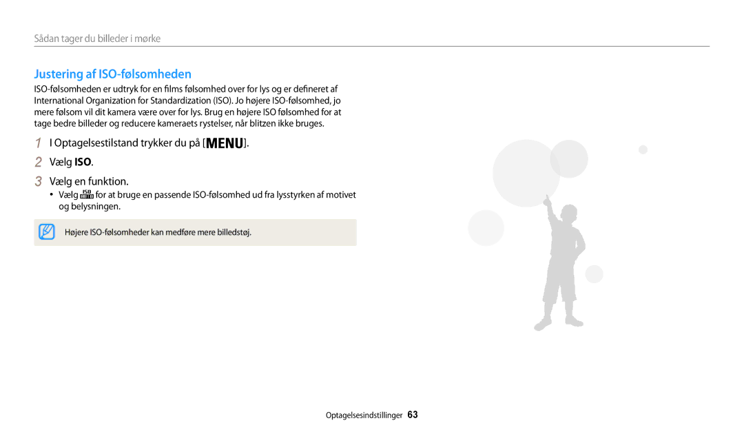 Samsung EC-WB30FZBPPE2 manual Justering af ISO-følsomheden, Optagelsestilstand trykker du på . Vælg ISO Vælg en funktion 