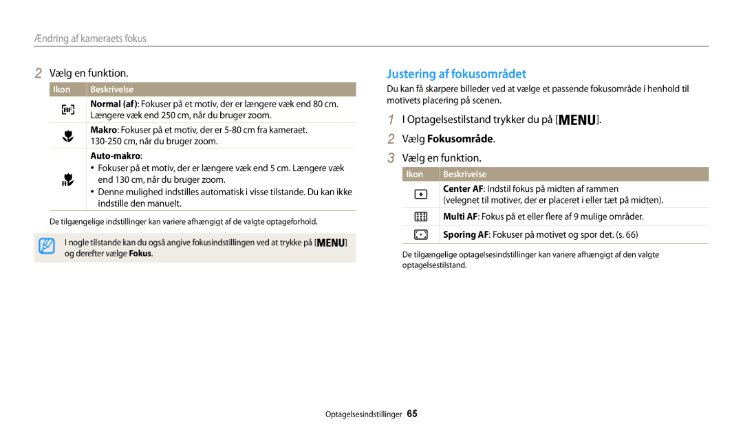 Samsung EC-WB31FZBPWE2, EC-WB30FZBPLE2, EC-WB30FZBPPE2 manual Justering af fokusområdet, Vælg Fokusområde, Auto-makro 
