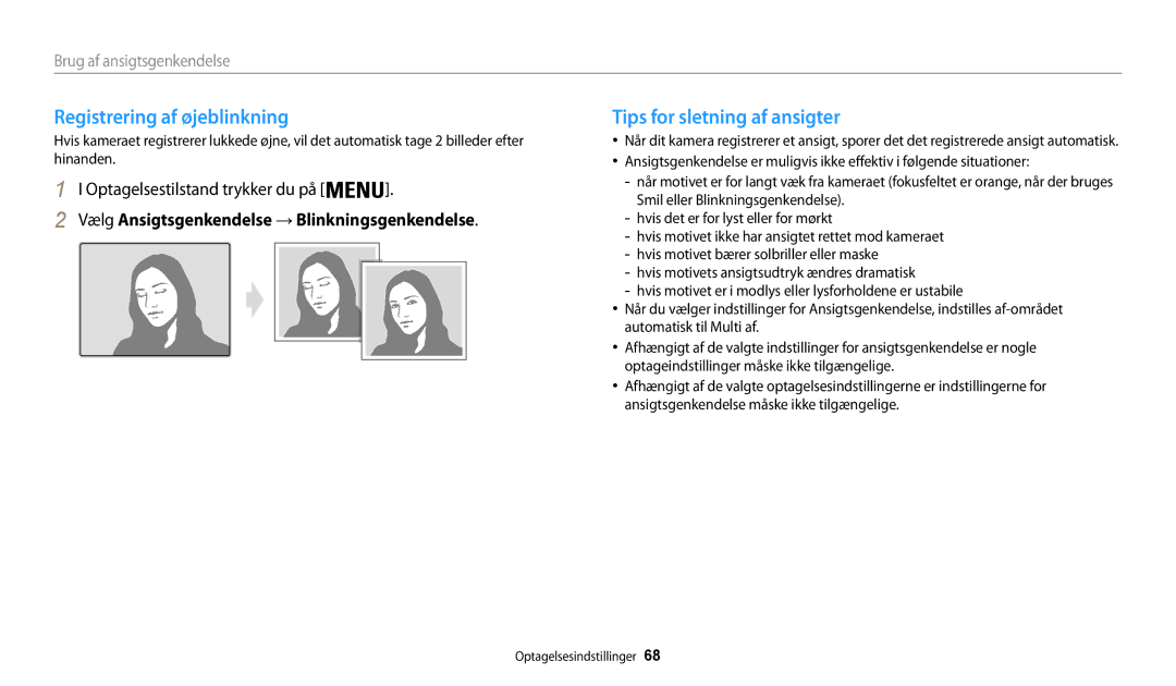 Samsung EC-WB31FZBPLE2, EC-WB30FZBPLE2, EC-WB30FZBPPE2 manual Registrering af øjeblinkning, Tips for sletning af ansigter 