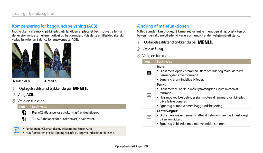 Samsung EC-WB30FZBPWE2 Kompensering for baggrundsbelysning ACB, Ændring af målefunktionen, Vælg Måling Vælg en funktion 