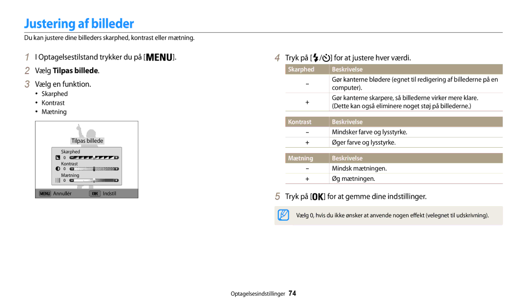 Samsung EC-WB31FZBPWE2, EC-WB30FZBPLE2 manual Justering af billeder, Tryk på For at justere hver værdi, Vælg Tilpas billede 