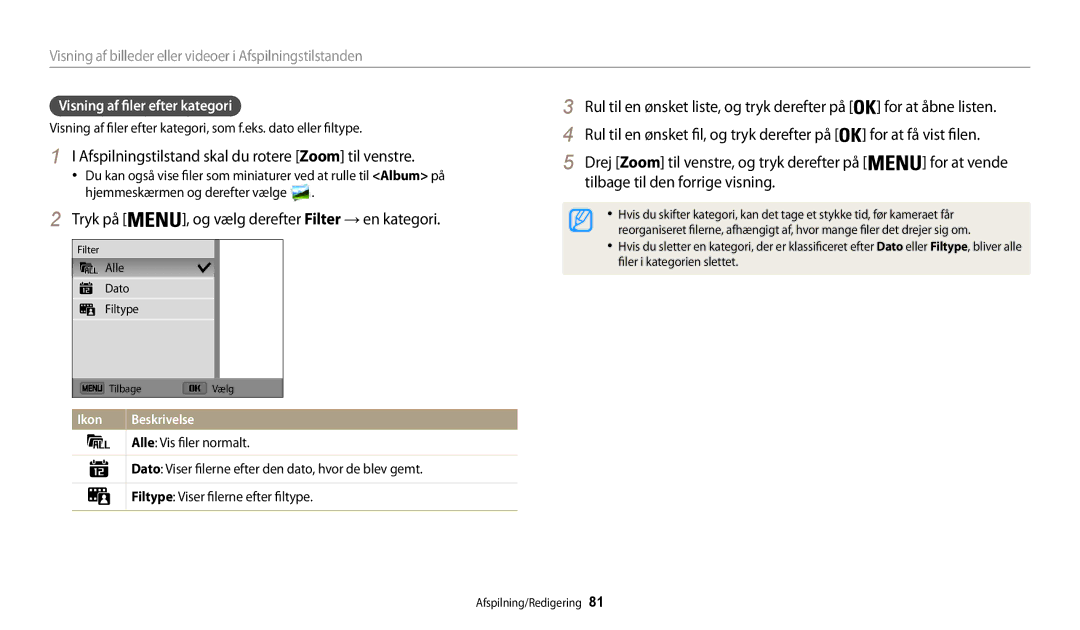 Samsung EC-WB30FZBPPE2 manual Afspilningstilstand skal du rotere Zoom til venstre, Visning af filer efter kategori 