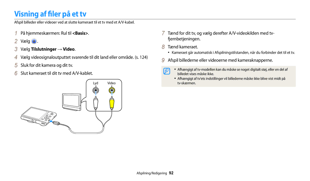 Samsung EC-WB31FZBPWE2, EC-WB30FZBPLE2, EC-WB30FZBPPE2, EC-WB31FZBPBE2 Visning af filer på et tv, Vælg Tilslutninger → Video 