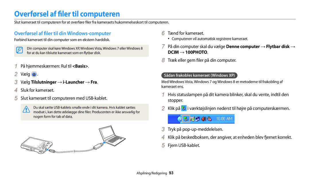 Samsung EC-WB32FZBDWE2 Overførsel af filer til computeren, Overførsel af filer til din Windows-computer, Tænd for kameraet 