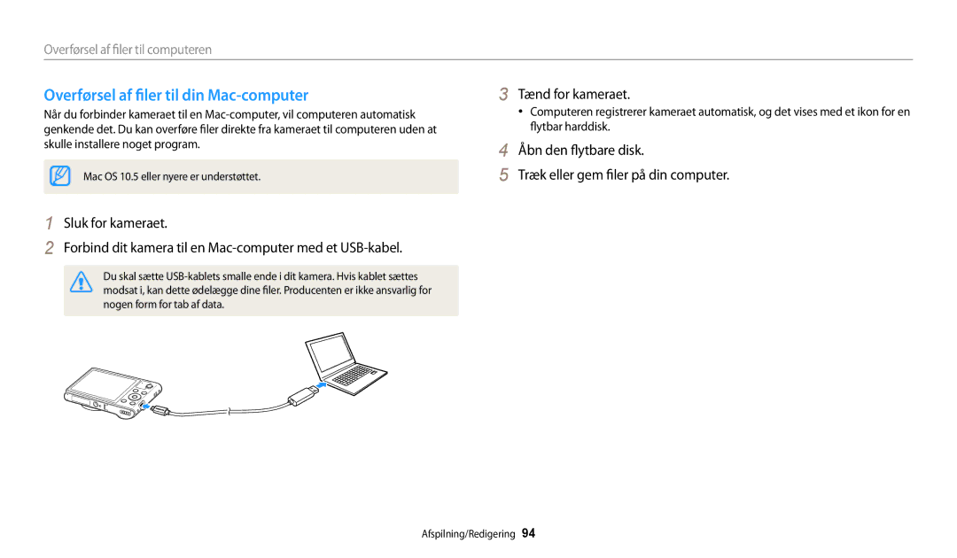 Samsung EC-WB30FZBPBE2, EC-WB30FZBPLE2, EC-WB30FZBPPE2, EC-WB31FZBPBE2 manual Overførsel af filer til din Mac-computer 