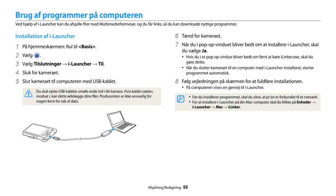 Samsung EC-WB31FZBPLE2 Brug af programmer på computeren, Installation af i-Launcher, Vælg Tilslutninger → i-Launcher → Til 