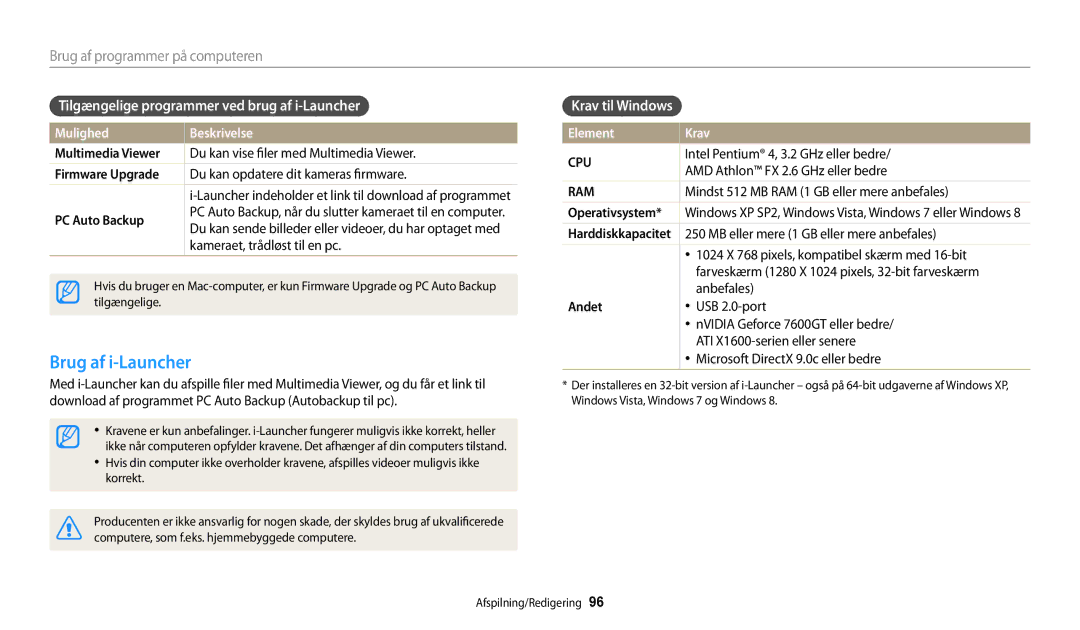 Samsung EC-WB32FZBDBE2 Brug af i-Launcher, Tilgængelige programmer ved brug af i-Launcher, Krav til Windows, Element Krav 