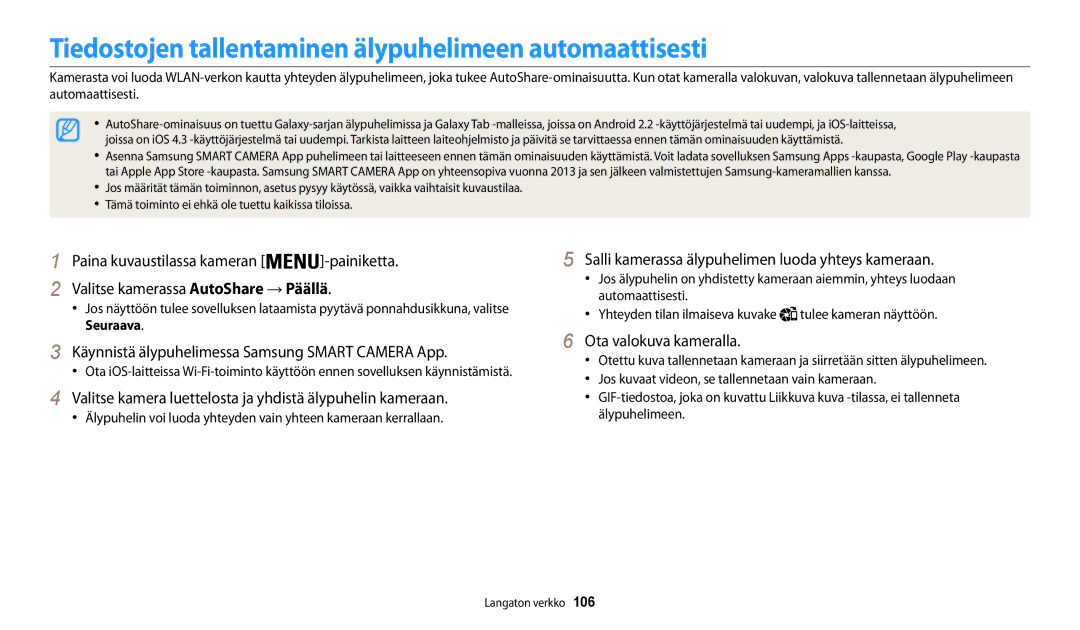 Samsung EC-WB30FZBPWE2, EC-WB30FZBPLE2, EC-WB30FZBPPE2 manual Tiedostojen tallentaminen älypuhelimeen automaattisesti 