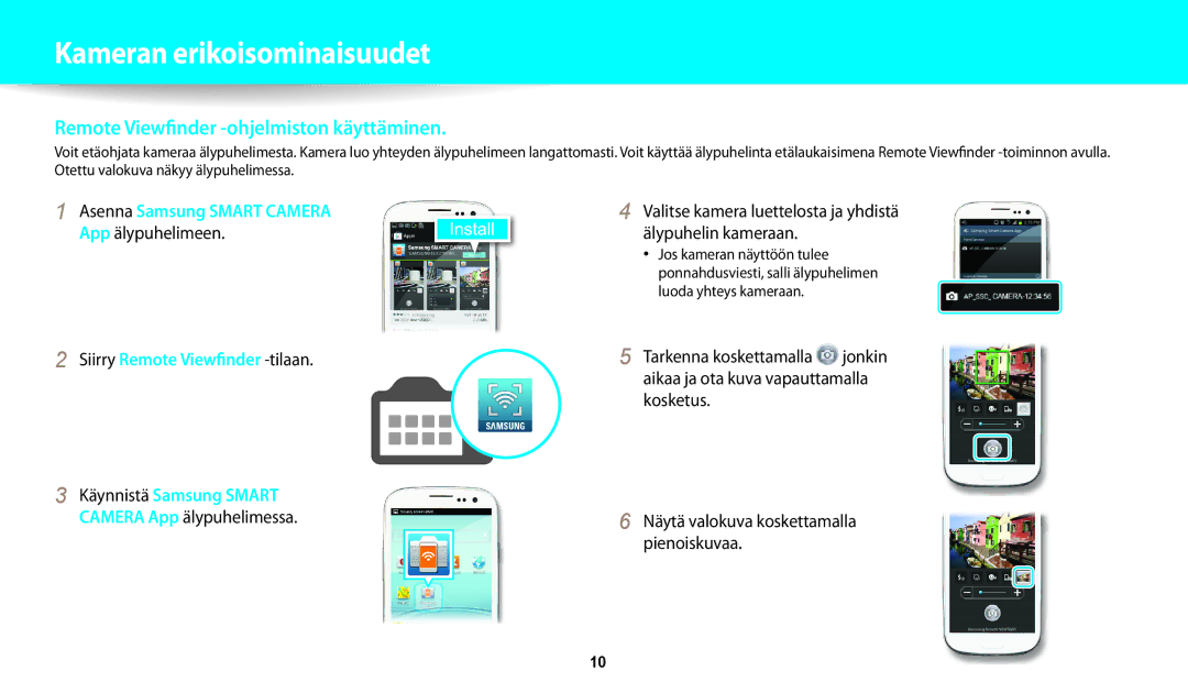 Samsung EC-WB31FZBPBE2, EC-WB30FZBPLE2, EC-WB30FZBPPE2 manual Remote Viewfinder -ohjelmiston käyttäminen, App älypuhelimeen 