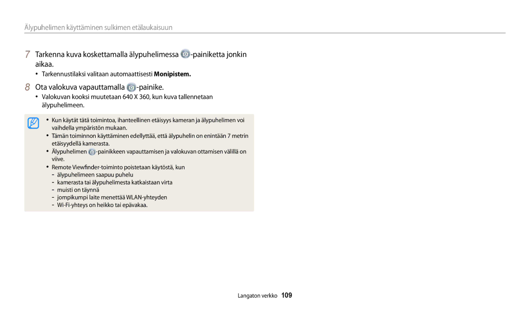 Samsung EC-WB31FZBPBE2 manual Ota valokuva vapauttamalla -painike, Tarkennustilaksi valitaan automaattisesti Monipistem 