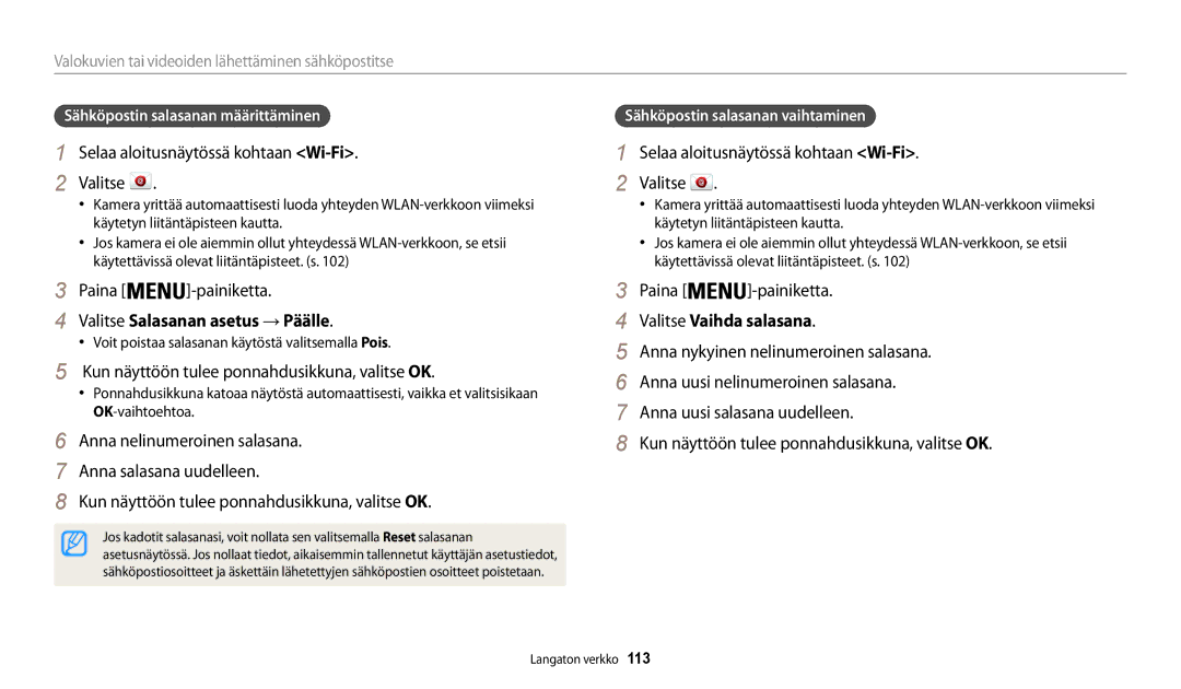 Samsung EC-WB31FZBPLE2, EC-WB30FZBPLE2 Valitse Salasanan asetus → Päälle, Kun näyttöön tulee ponnahdusikkuna, valitse OK 