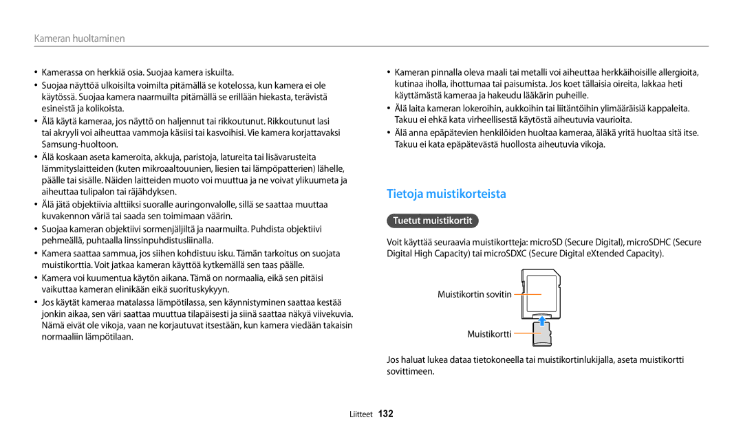 Samsung EC-WB32FZBDBE2, EC-WB30FZBPLE2, EC-WB30FZBPPE2, EC-WB31FZBPBE2 manual Tietoja muistikorteista, Tuetut muistikortit 