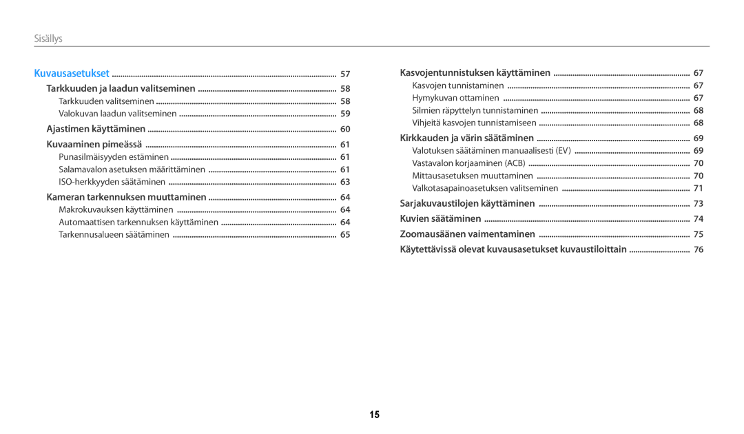 Samsung EC-WB32FZBDBE2, EC-WB30FZBPLE2, EC-WB30FZBPPE2, EC-WB31FZBPBE2, EC-WB31FZBPWE2, EC-WB32FZBDWE2 manual Sisällys﻿ 