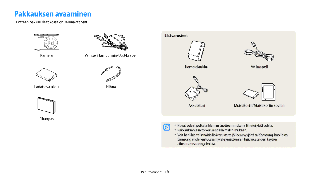 Samsung EC-WB31FZBPBE2 manual Pakkauksen avaaminen, Tuotteen pakkauslaatikossa on seuraavat osat, Lisävarusteet, Akkulaturi 