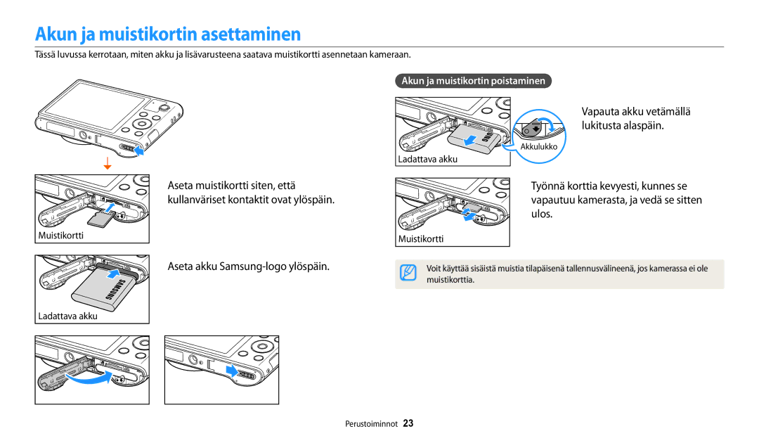 Samsung EC-WB31FZBPLE2, EC-WB30FZBPLE2, EC-WB30FZBPPE2 Akun ja muistikortin asettaminen, Aseta akku Samsung-logo ylöspäin 