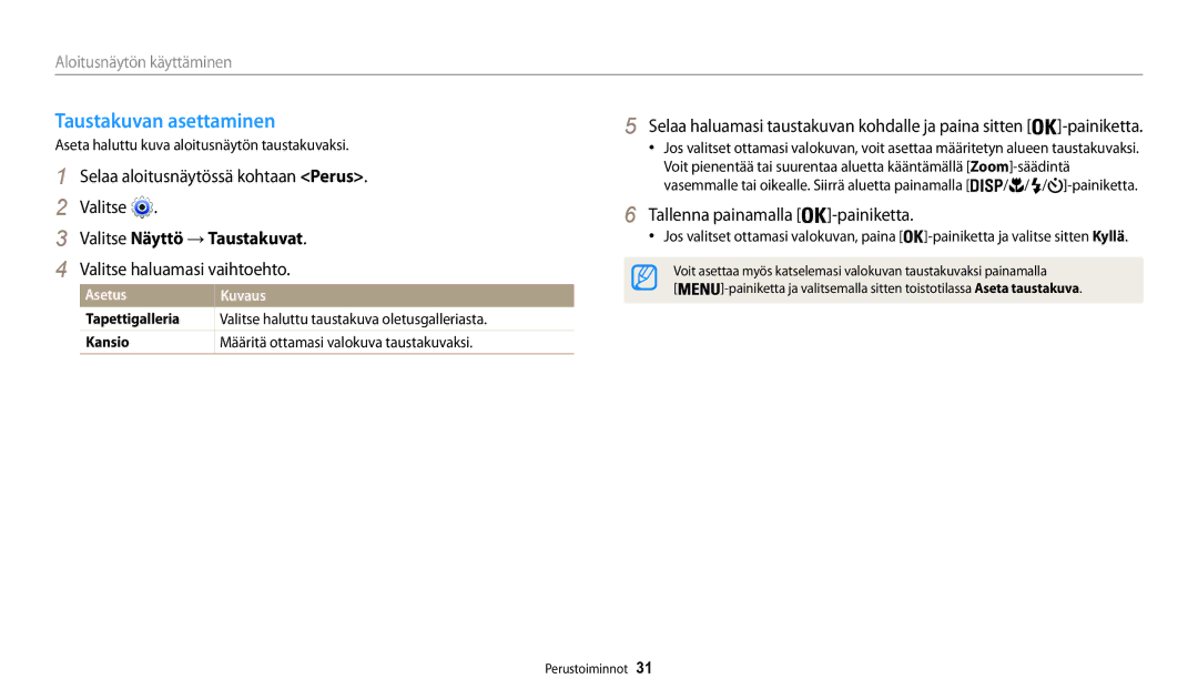 Samsung EC-WB30FZBPBE2 Taustakuvan asettaminen, Selaa aloitusnäytössä kohtaan Perus Valitse, Valitse Näyttö → Taustakuvat 