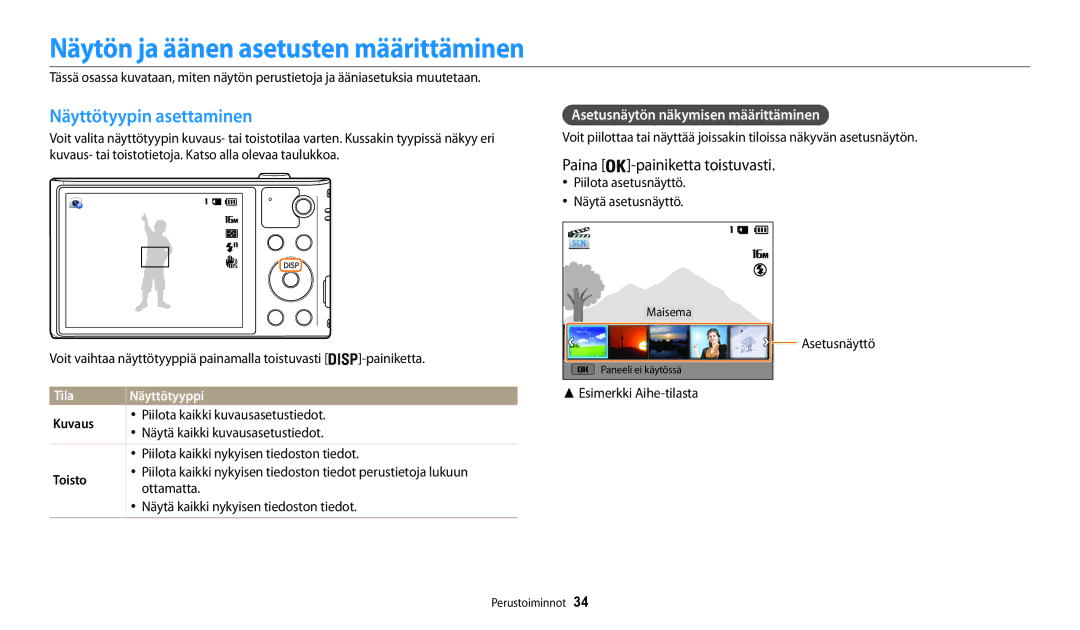 Samsung EC-WB30FZBPWE2 Näytön ja äänen asetusten määrittäminen, Näyttötyypin asettaminen, Paina -painiketta toistuvasti 