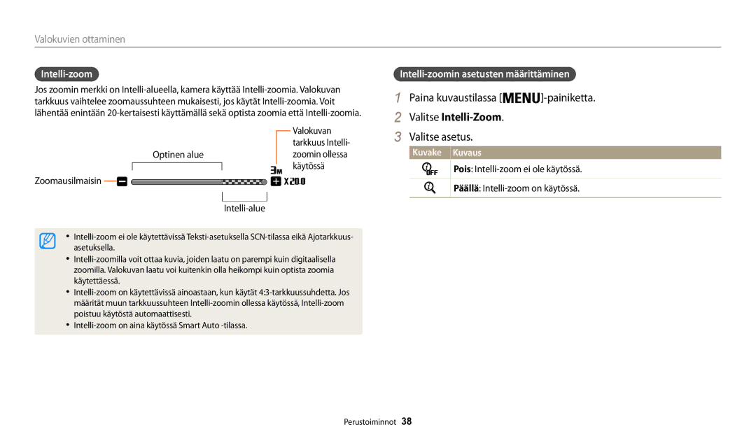 Samsung EC-WB31FZBPWE2 manual Paina kuvaustilassa, Valitse Intelli-Zoom, Intelli-zoomin asetusten määrittäminen 