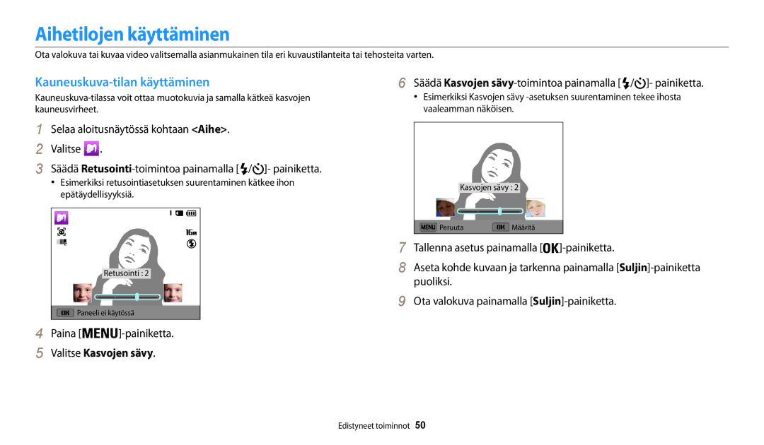 Samsung EC-WB31FZBPLE2, EC-WB30FZBPLE2 manual Aihetilojen käyttäminen, Kauneuskuva-tilan käyttäminen, Valitse Kasvojen sävy 