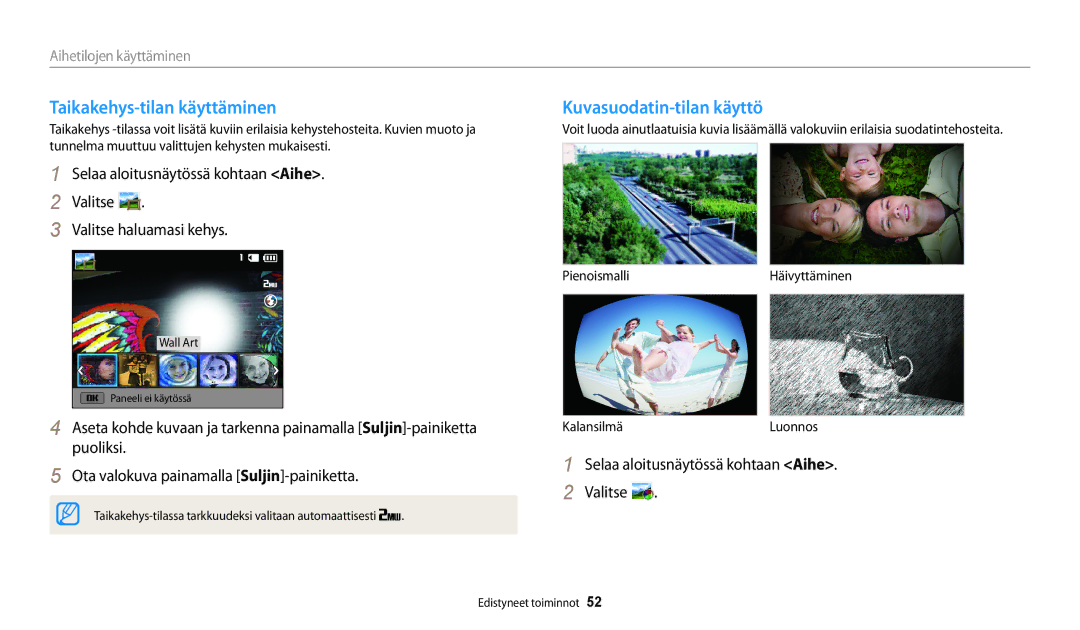 Samsung EC-WB30FZBPWE2 Taikakehys-tilan käyttäminen, Kuvasuodatin-tilan käyttö, Selaa aloitusnäytössä kohtaan Aihe Valitse 