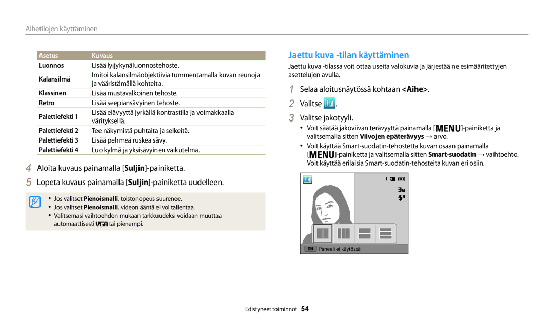 Samsung EC-WB30FZBPPE2, EC-WB30FZBPLE2, EC-WB31FZBPBE2, EC-WB31FZBPWE2 manual Jaettu kuva -tilan käyttäminen, Palettiefekti 