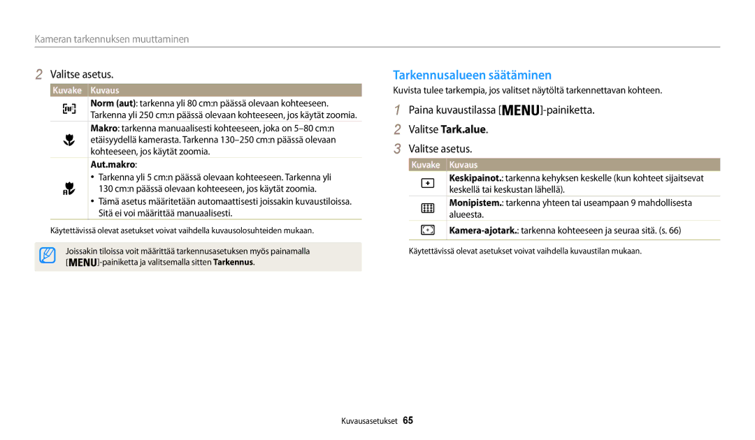 Samsung EC-WB31FZBPWE2, EC-WB30FZBPLE2, EC-WB30FZBPPE2, EC-WB31FZBPBE2, EC-WB32FZBDWE2 Tarkennusalueen säätäminen, Aut.makro 