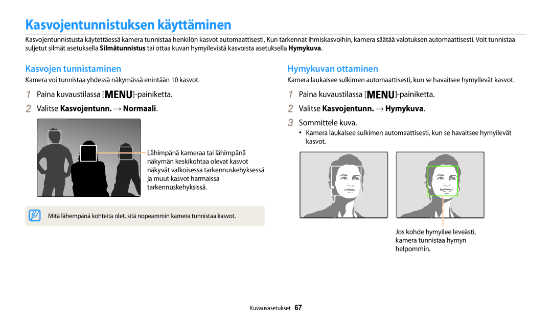 Samsung EC-WB30FZBPBE2 manual Kasvojentunnistuksen käyttäminen, Kasvojen tunnistaminen Hymykuvan ottaminen, Sommittele kuva 