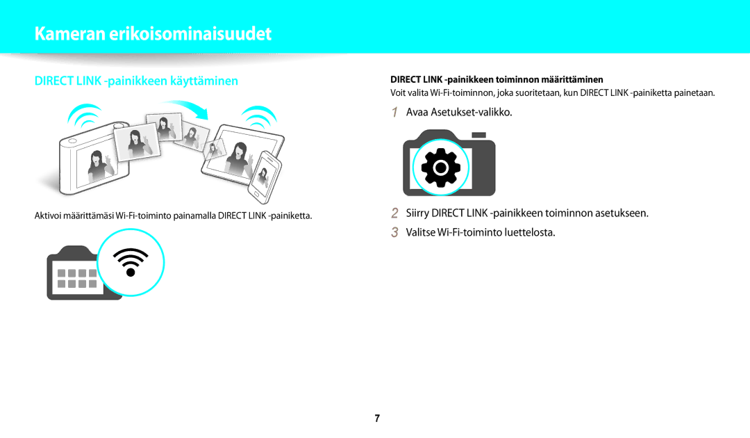 Samsung EC-WB30FZBPWE2, EC-WB30FZBPLE2 manual Kameran erikoisominaisuudet, Direct Link -painikkeen toiminnon määrittäminen 