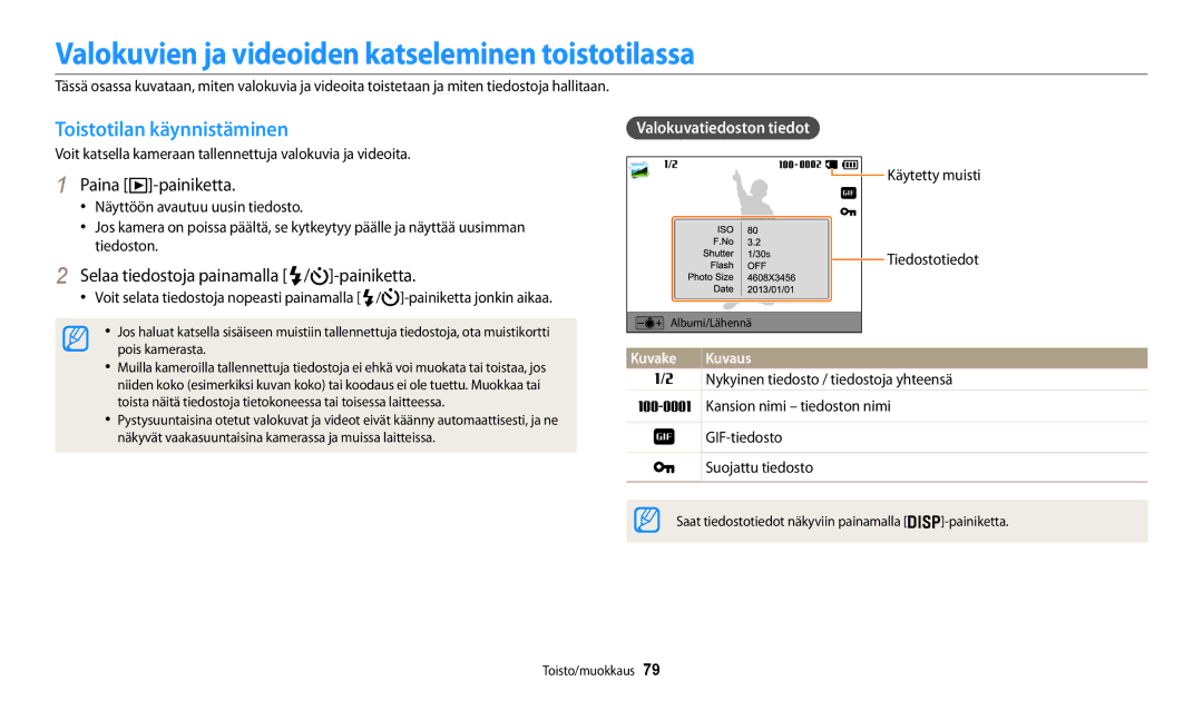 Samsung EC-WB30FZBPWE2 manual Valokuvien ja videoiden katseleminen toistotilassa, Toistotilan käynnistäminen, Kuvake 