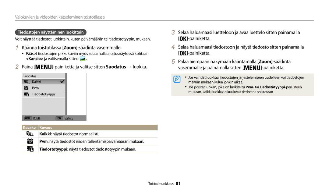 Samsung EC-WB30FZBPPE2, EC-WB30FZBPLE2 Käännä toistotilassa Zoom-säädintä vasemmalle, Tiedostojen näyttäminen luokittain 