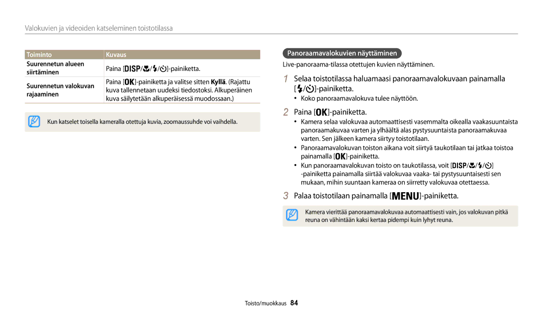 Samsung EC-WB32FZBDWE2 Palaa toistotilaan painamalla, Panoraamavalokuvien näyttäminen, Suurennetun alueen, Siirtäminen 