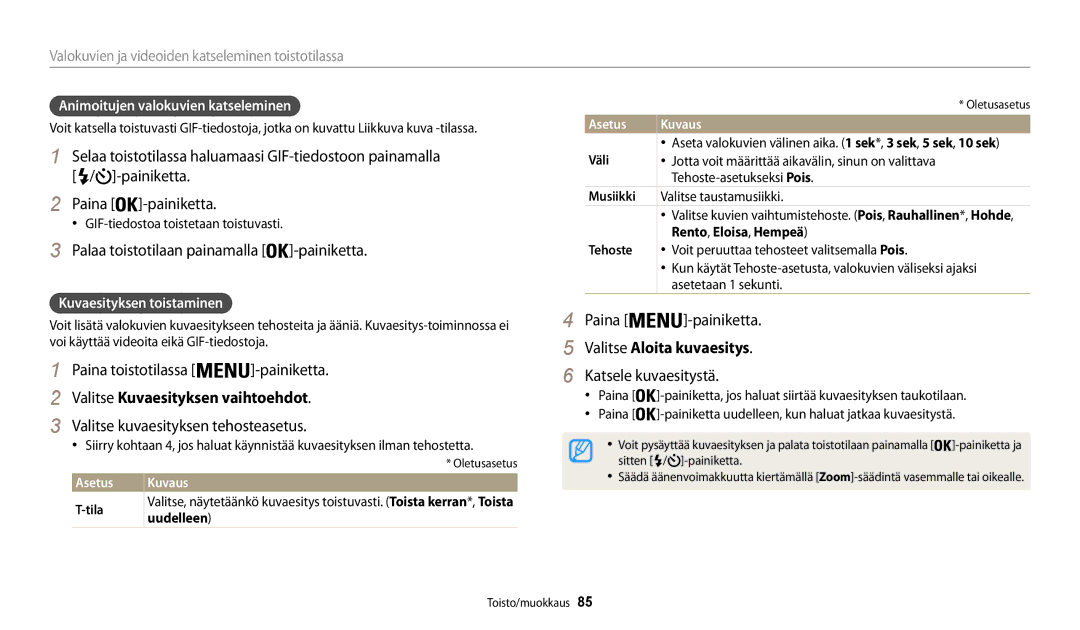 Samsung EC-WB30FZBPBE2 Valitse Kuvaesityksen vaihtoehdot, Valitse kuvaesityksen tehosteasetus, Valitse Aloita kuvaesitys 