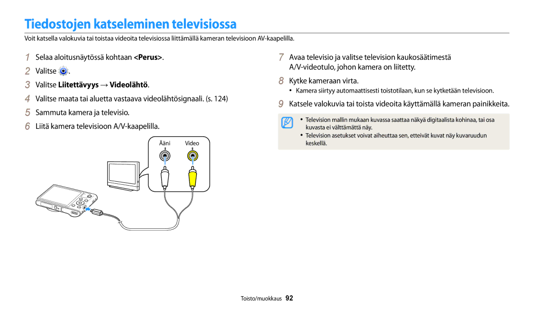 Samsung EC-WB31FZBPWE2 Tiedostojen katseleminen televisiossa, Valitse Liitettävyys → Videolähtö, Kytke kameraan virta 