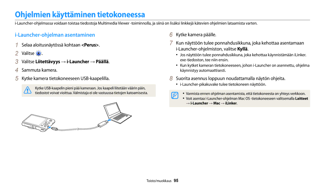 Samsung EC-WB31FZBPLE2, EC-WB30FZBPLE2, EC-WB30FZBPPE2 Ohjelmien käyttäminen tietokoneessa, Launcher-ohjelman asentaminen 