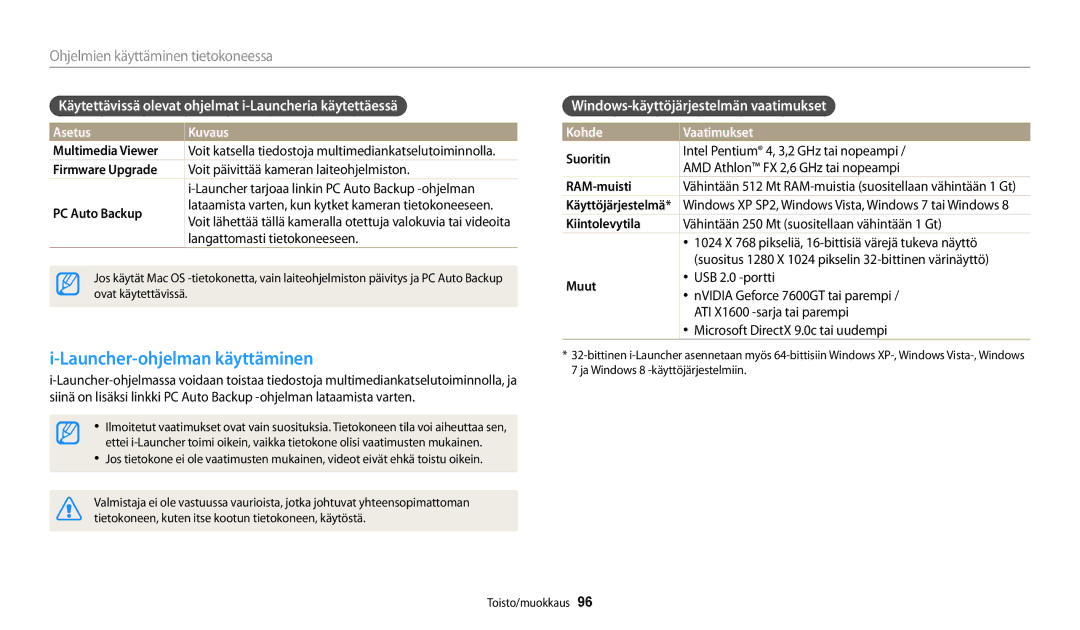 Samsung EC-WB32FZBDBE2 manual Launcher-ohjelman käyttäminen, Käytettävissä olevat ohjelmat i-Launcheria käytettäessä 