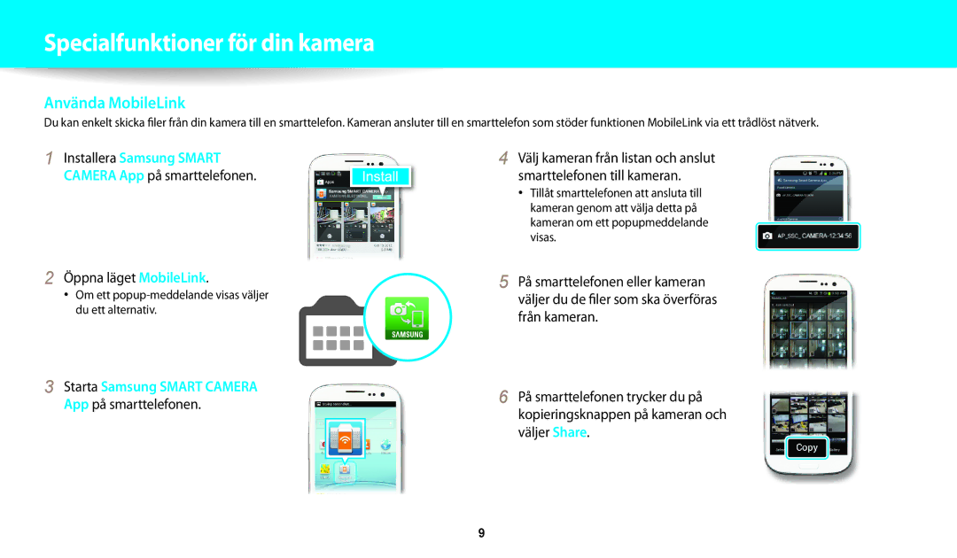 Samsung EC-WB30FZBPPE2, EC-WB30FZBPLE2 manual Öppna läget MobileLink, Om ett popup-meddelande visas väljer du ett alternativ 