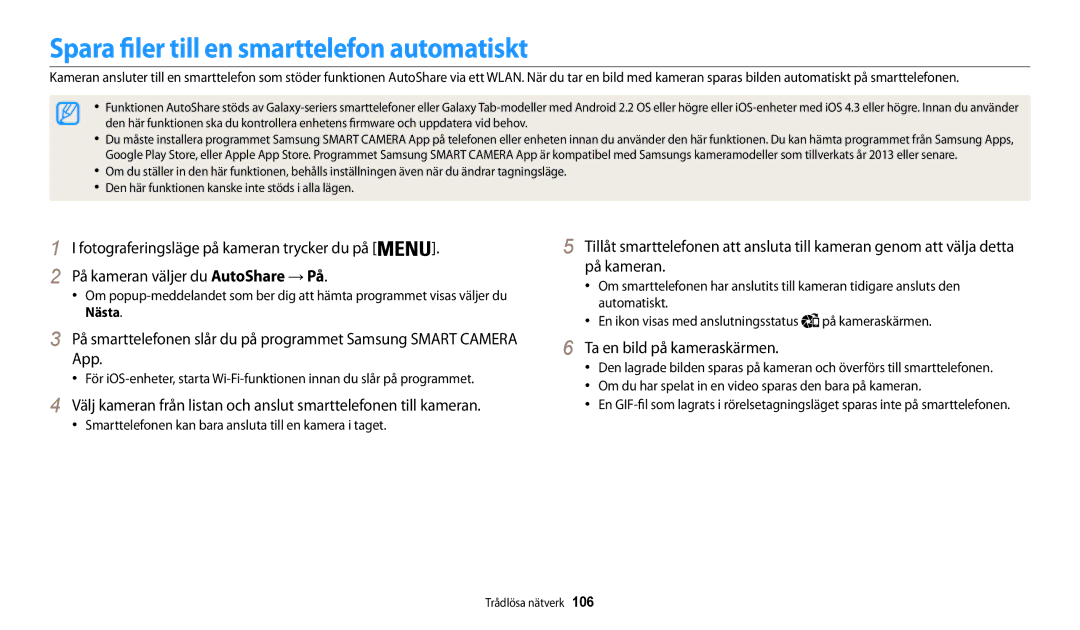 Samsung EC-WB30FZBPWE2, EC-WB30FZBPLE2 Spara filer till en smarttelefon automatiskt, På kameran väljer du AutoShare → På 