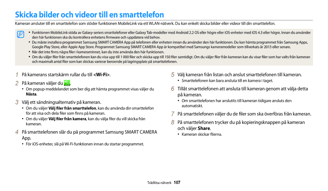 Samsung EC-WB30FZBPLE2 manual Skicka bilder och videor till en smarttelefon, Välj ett sändningsalternativ på kameran 