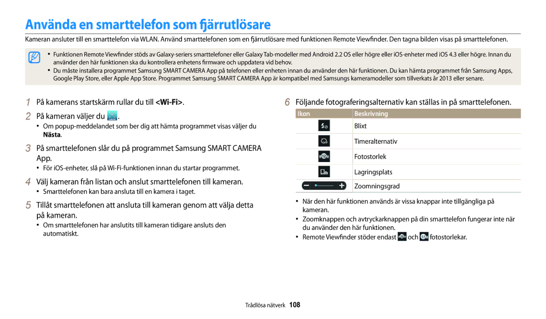 Samsung EC-WB30FZBPPE2 manual Använda en smarttelefon som fjärrutlösare, Timeralternativ, Fotostorlek, Lagringsplats 