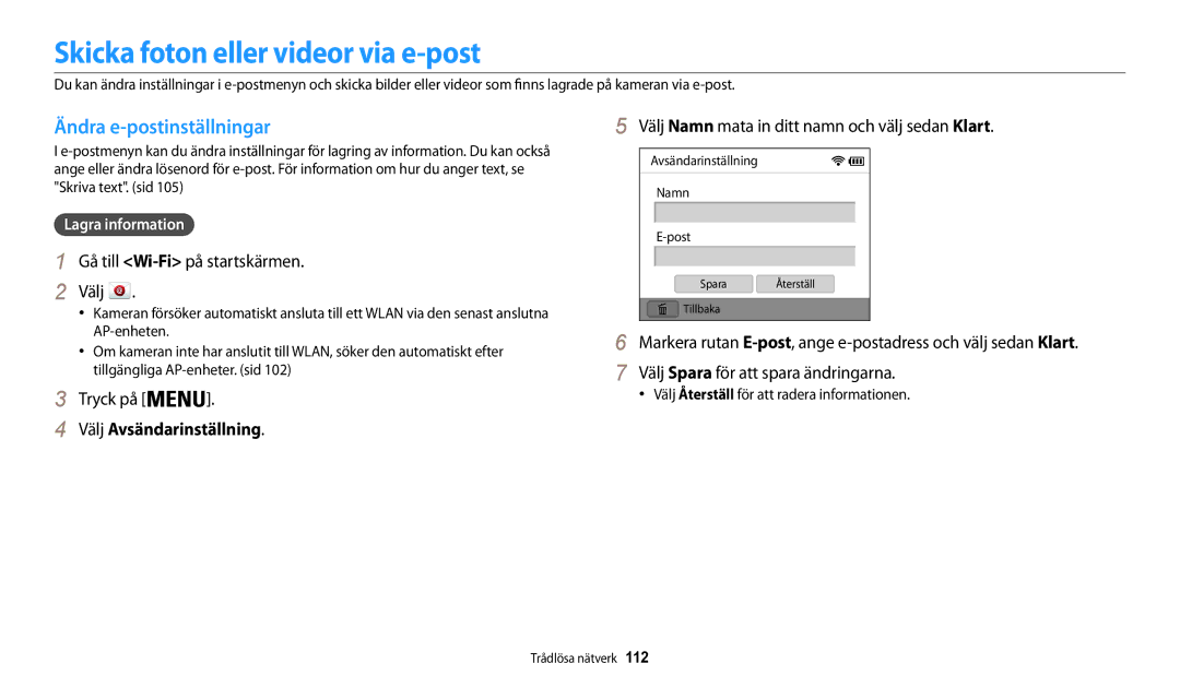 Samsung EC-WB30FZBPBE2 manual Skicka foton eller videor via e-post, Ändra e-postinställningar, Välj Avsändarinställning 