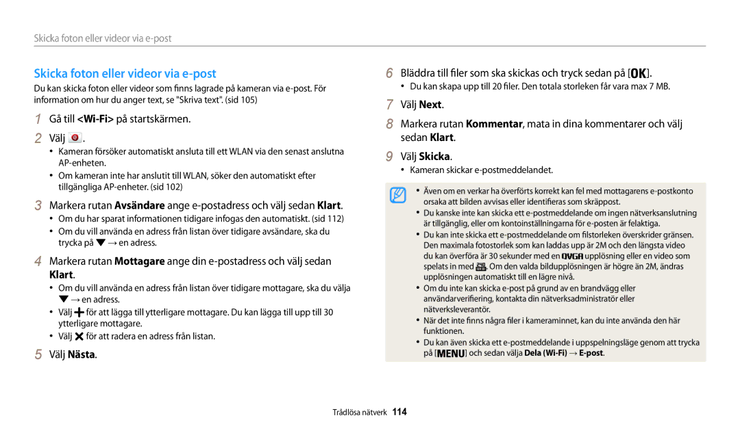 Samsung EC-WB32FZBDBE2, EC-WB30FZBPLE2 manual Skicka foton eller videor via e-post, Kameran skickar e-postmeddelandet 