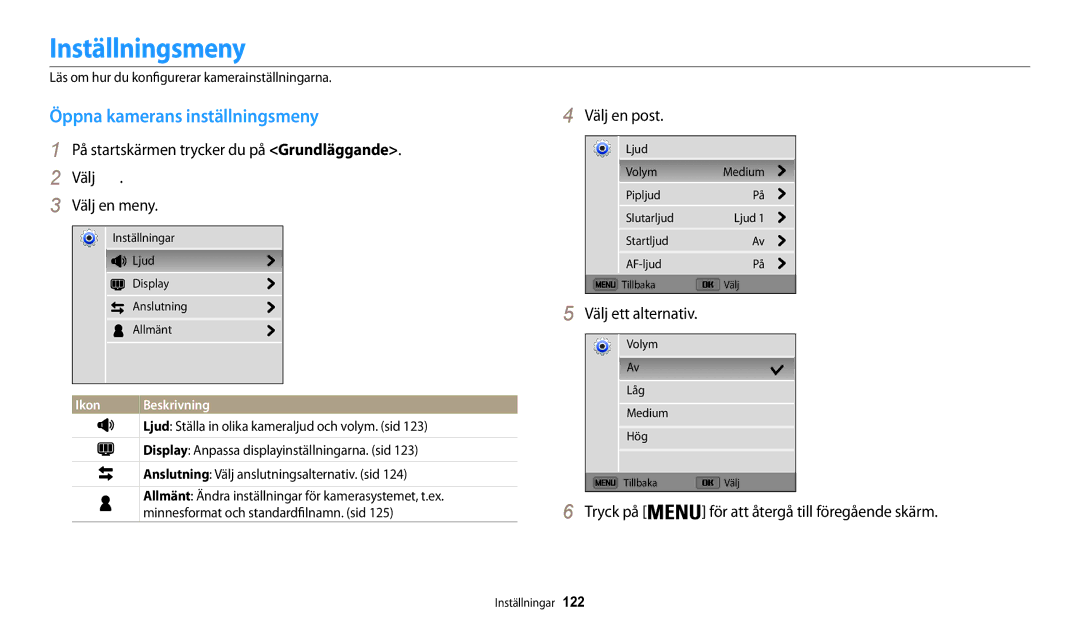 Samsung EC-WB31FZBPLE2, EC-WB30FZBPLE2, EC-WB30FZBPPE2 manual Inställningsmeny, Öppna kamerans inställningsmeny, Välj en post 