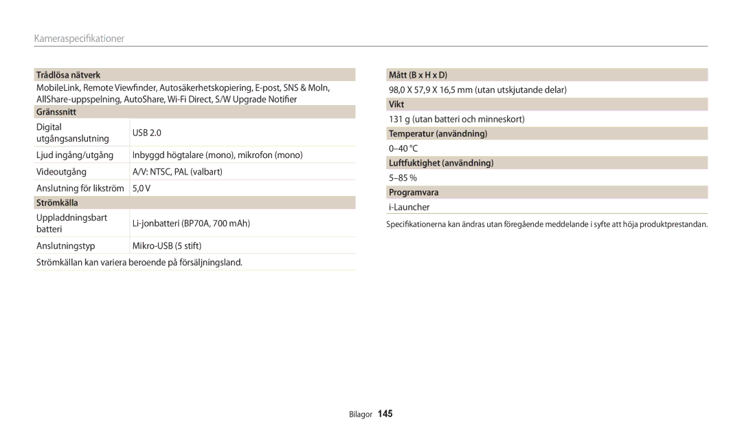 Samsung EC-WB31FZBPBE2 Trådlösa nätverk, Gränssnitt, Strömkälla, Mått B x H x D, Vikt, Temperatur användning, Programvara 