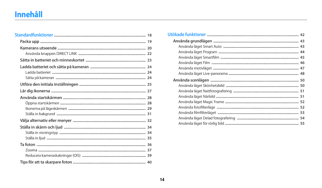 Samsung EC-WB31FZBPLE2, EC-WB30FZBPLE2, EC-WB30FZBPPE2, EC-WB31FZBPBE2, EC-WB31FZBPWE2 Innehåll, Använda knappen Direct Link 